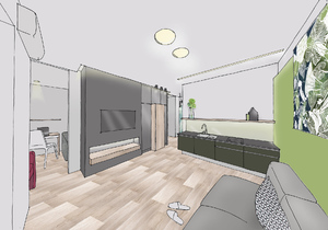 Заказать  on-line индивидуальный Блиц-дизайн-проект интерьеров жилого пространства в г. Херсон  . Кухня-гостиная 17м2